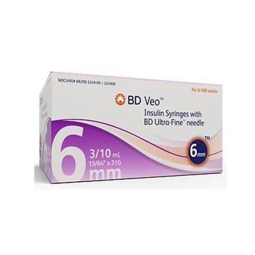 BD Insulin Syringe with Ultra Fine Needle 31g 0.3cc 1564 inch 6mm Box of 100
