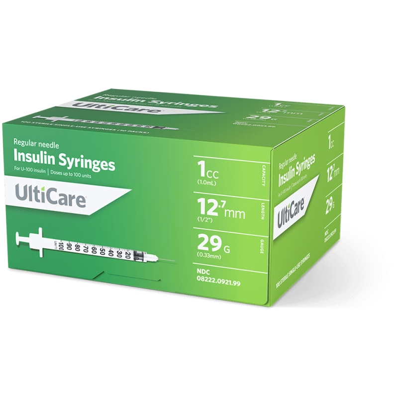 UltiCare 1 ml Insulin Syringe Regular Needle 29g 12 Inch Pack Count 100
